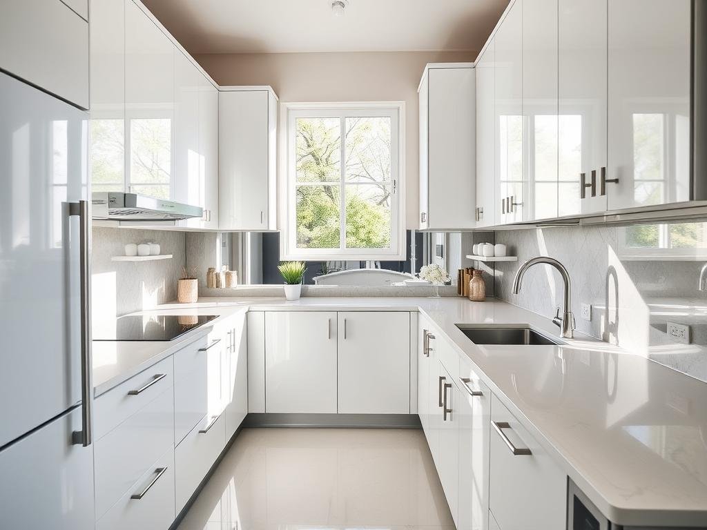 Kitchen with glossy surfaces reflecting and maximizing natural light