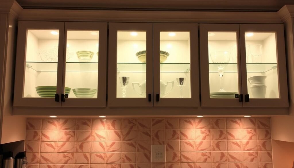 Kitchen with illuminated glass-front cabinets showcasing dishware