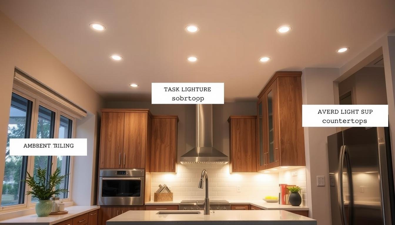 Kitchen with layered lighting showing ambient, task, and accent lights working together