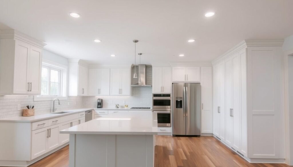 Kitchen with strategically placed recessed lights providing even illumination