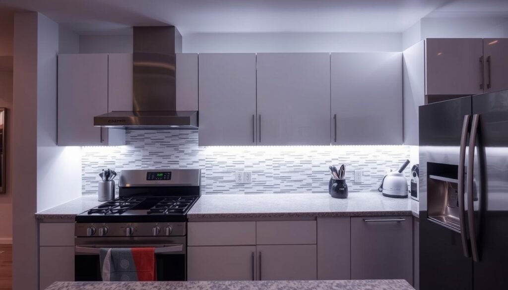 Kitchen with under-cabinet lighting illuminating countertops