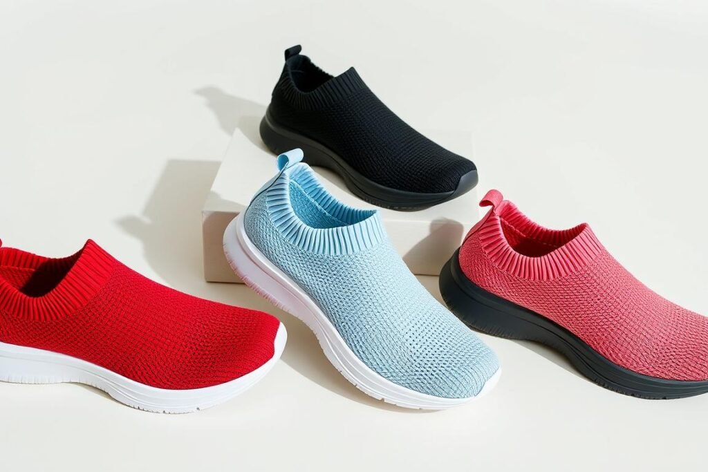 Knit walking shoes showing their flexible, breathable construction