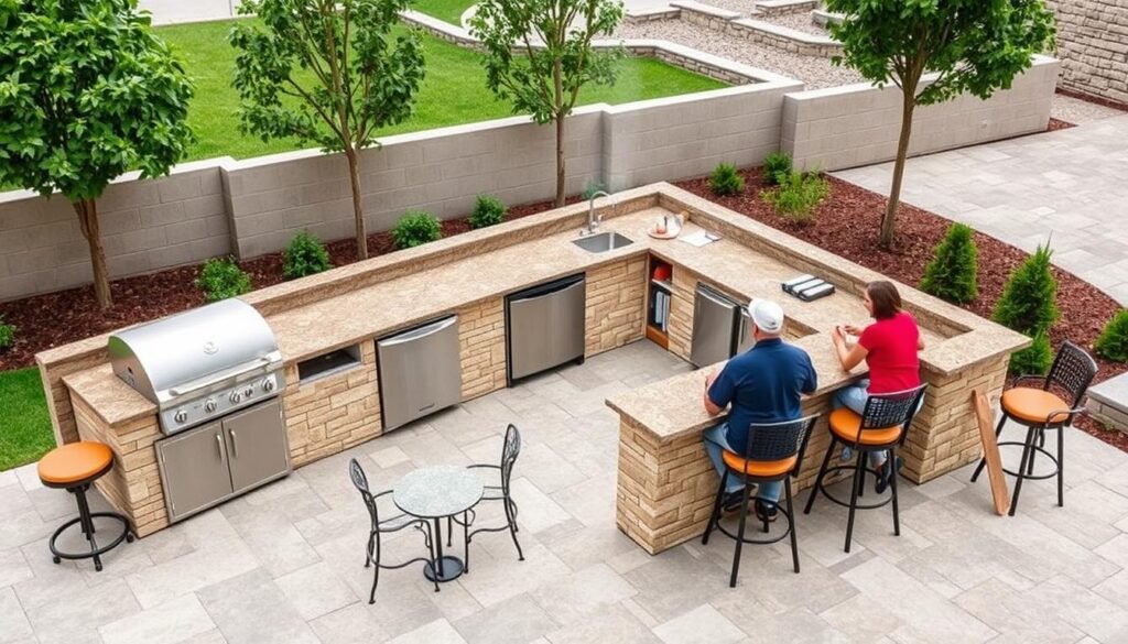 L-shaped outdoor grill küche with bar seating