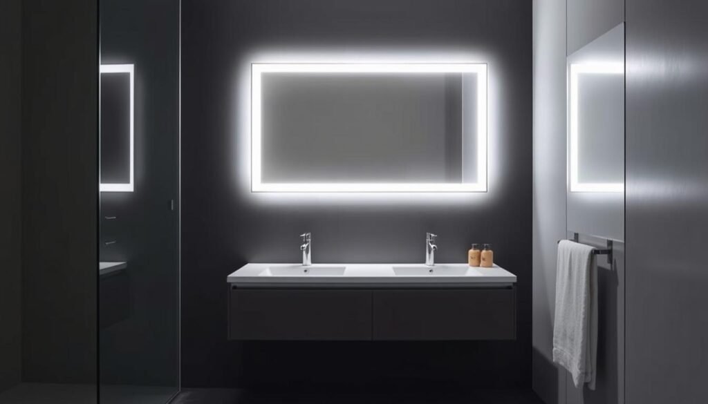 LED backlit bathroom mirror creating ambient lighting