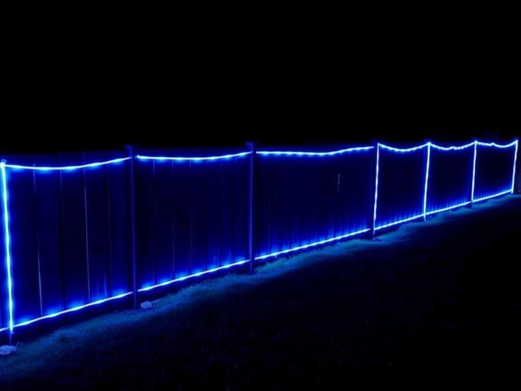 LED rope lights outlining a fence perimeter at night, creating a defined boundary
