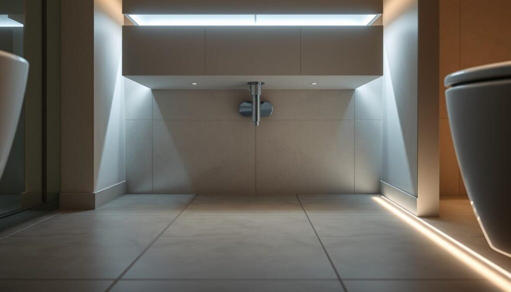 LED strip lighting under floating bathroom vanity