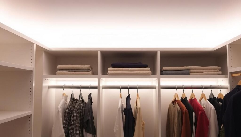 LED strip lights installed along closet shelving and hanging rods creating even illumination