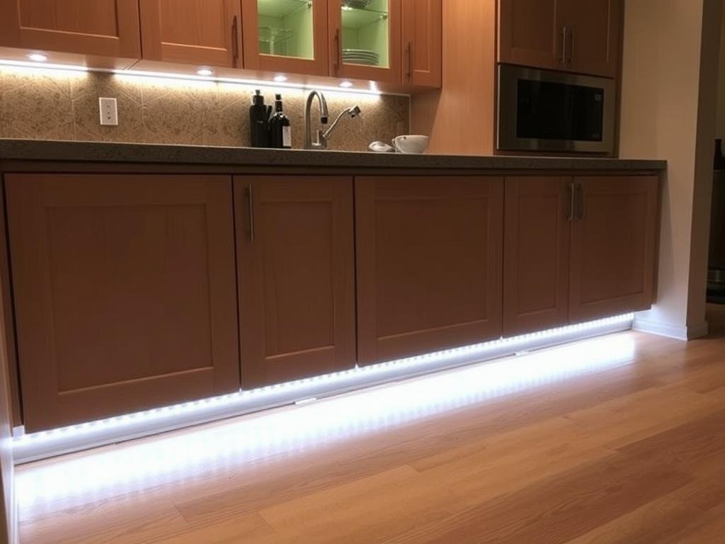 LED strip lights installed in the toe kick area under cabinets