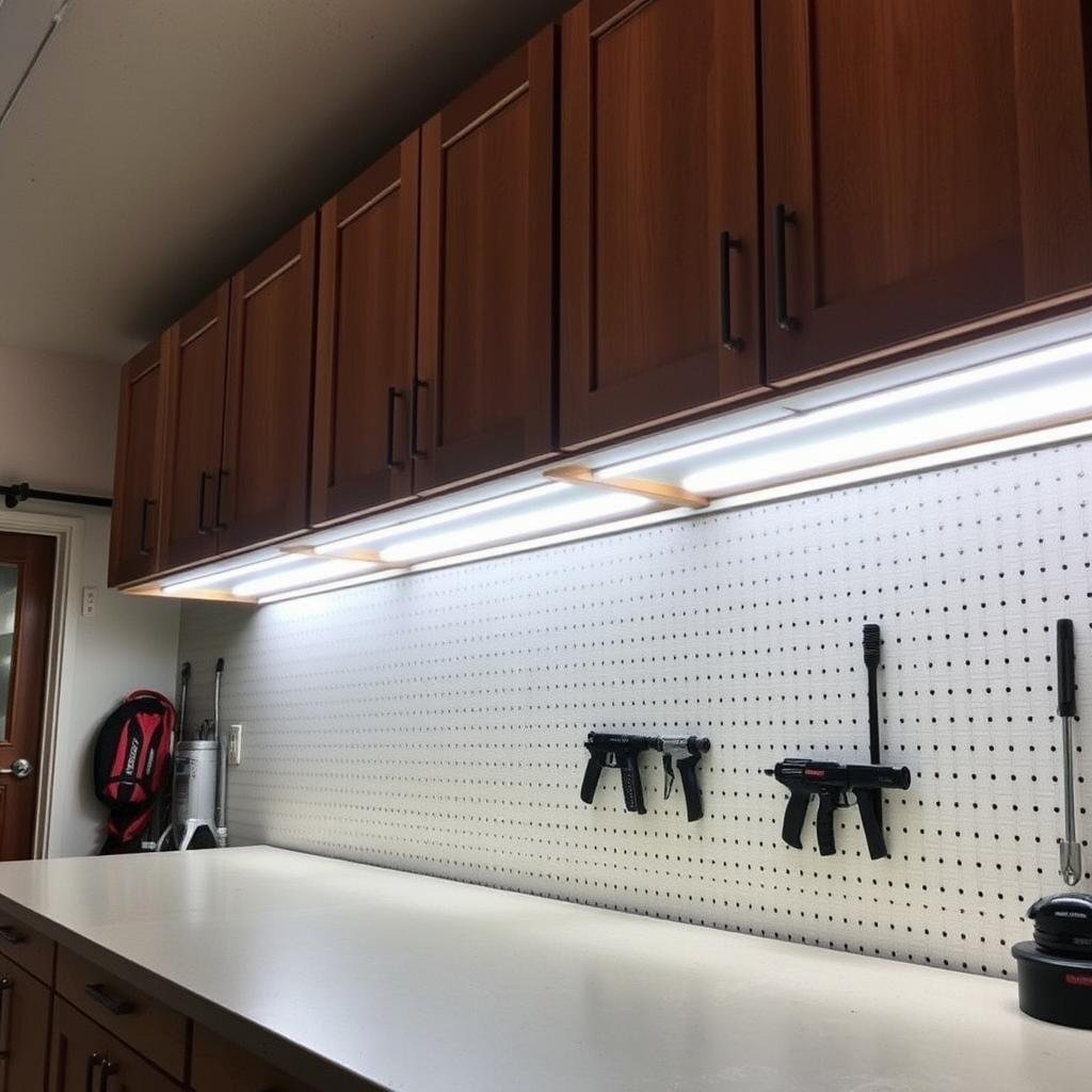 LED strip lights installed under garage cabinets illuminating a workbench