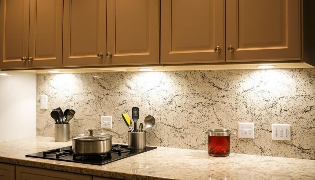 LED strip lights installed under kitchen cabinets illuminating countertop workspace