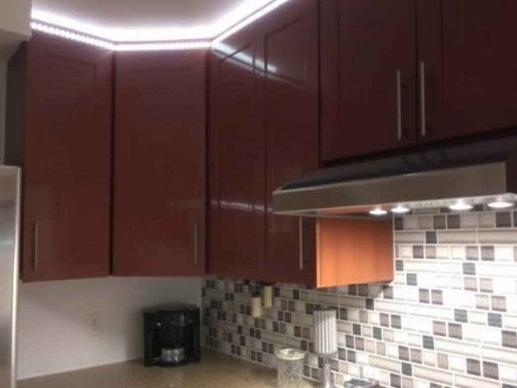 LED strip lights installed under kitchen cabinets