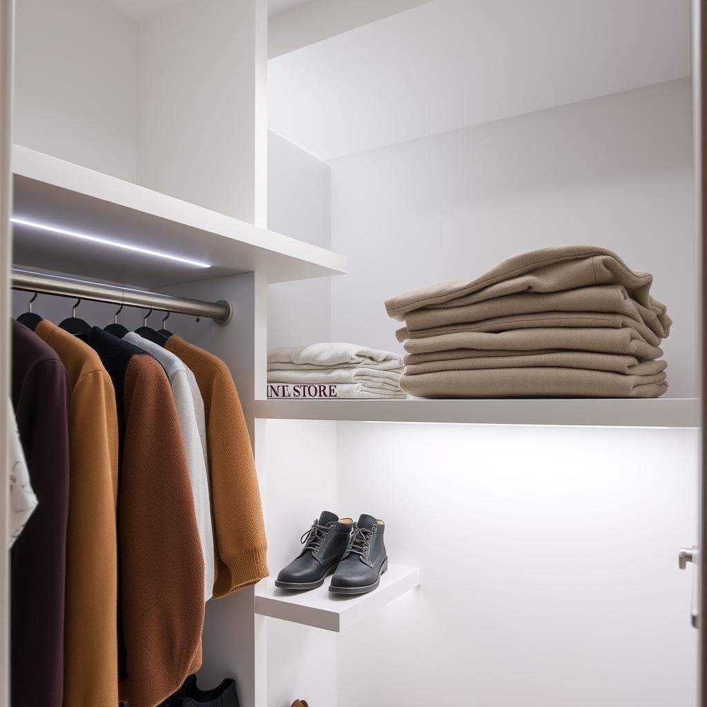 LED strip lights under shelves illuminating clothes and shoes as task lighting