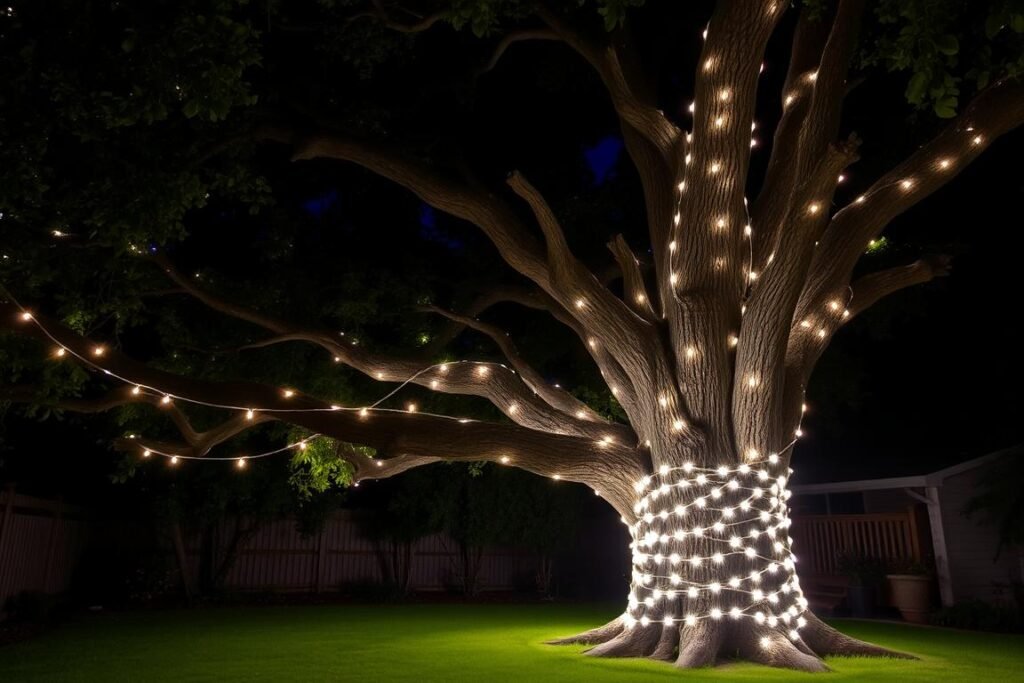Large backyard tree wrapped with outdoor string lighting from trunk to branches creating a magical effect Large backyard tree wrapped with outdoor string lighting from trunk to branches creating a magical effect