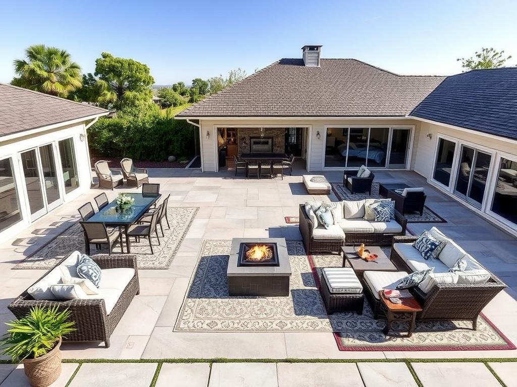 Large backyard with multiple outdoor rooms including dining area, lounge space, and fire pit conversation set