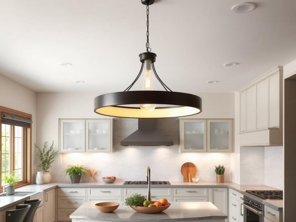 Large dramatic pendant light over kitchen island