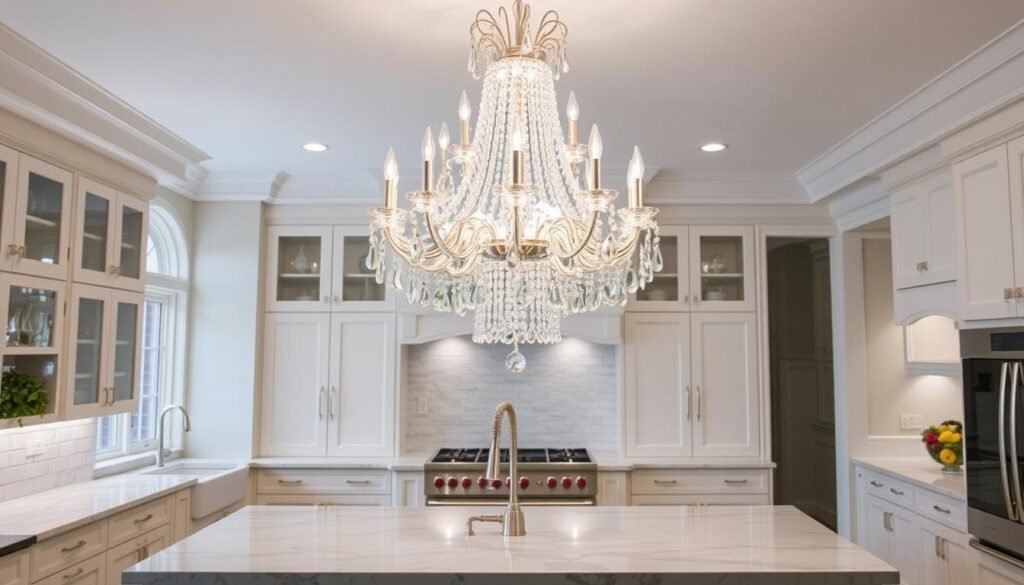 Large elegant chandelier over a kitchen island