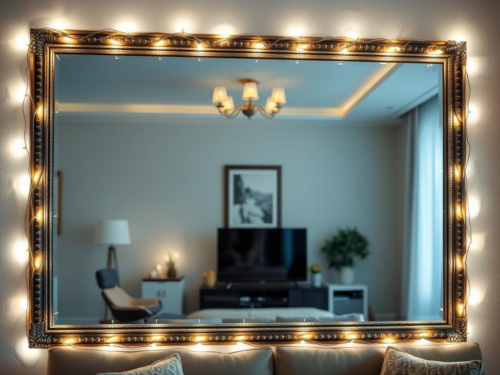 Large living room mirror with its frame outlined by string lights, creating a multiplied reflection effect
