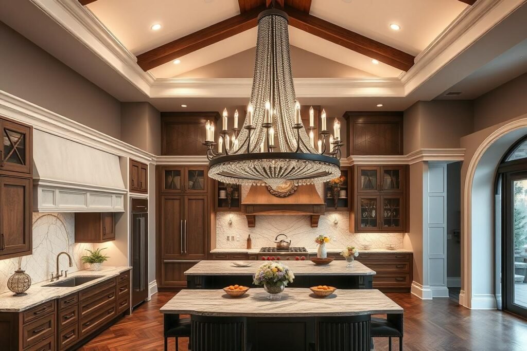 Large statement chandelier hanging over a kitchen island