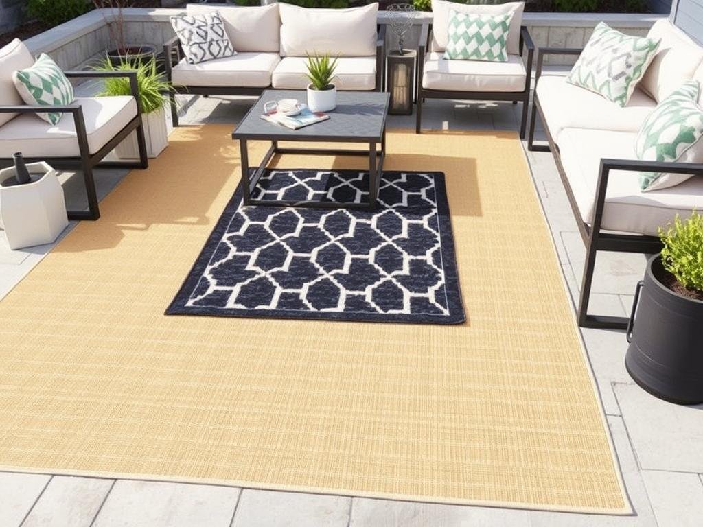 Layered waterproof outdoor rugs creating a designer look