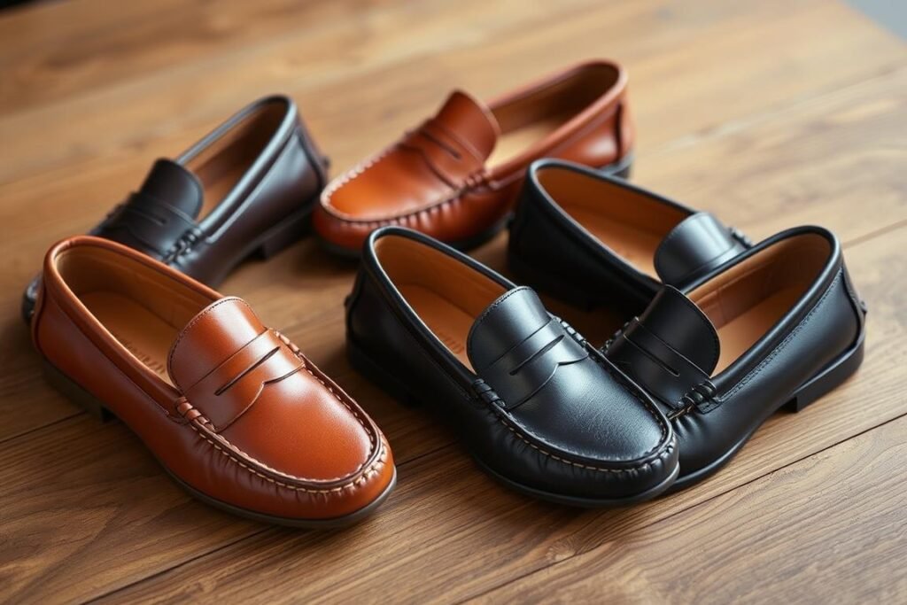 Leather loafers in various styles including penny loafers and driving moccasins