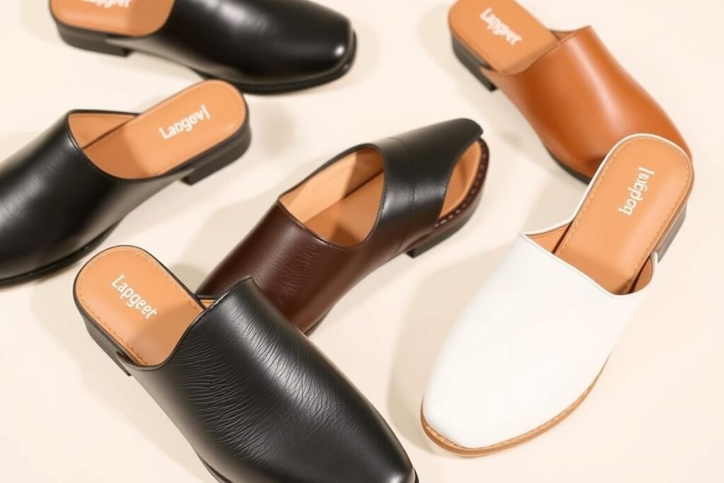 Leather mules in various colors showing their backless design