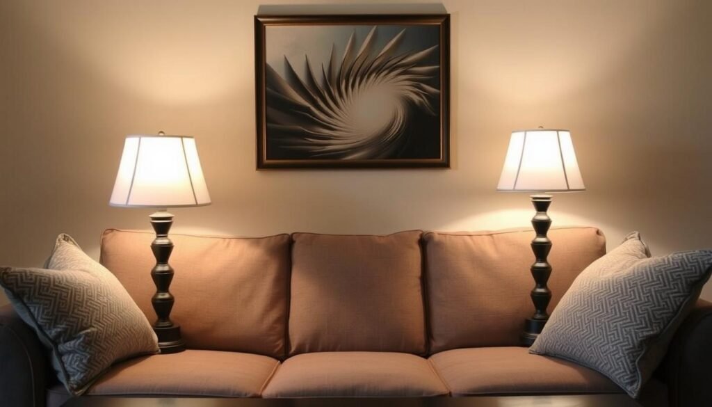 Living room conversation area with table lamps on side tables