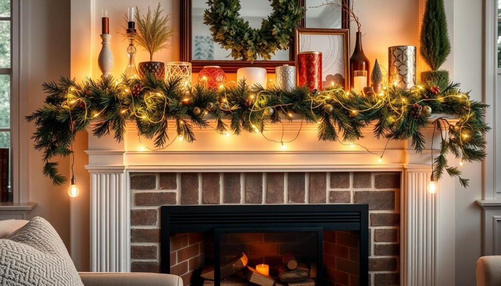 Living room fireplace mantel decorated with string lights, greenery, and decorative objects creating a seasonal display