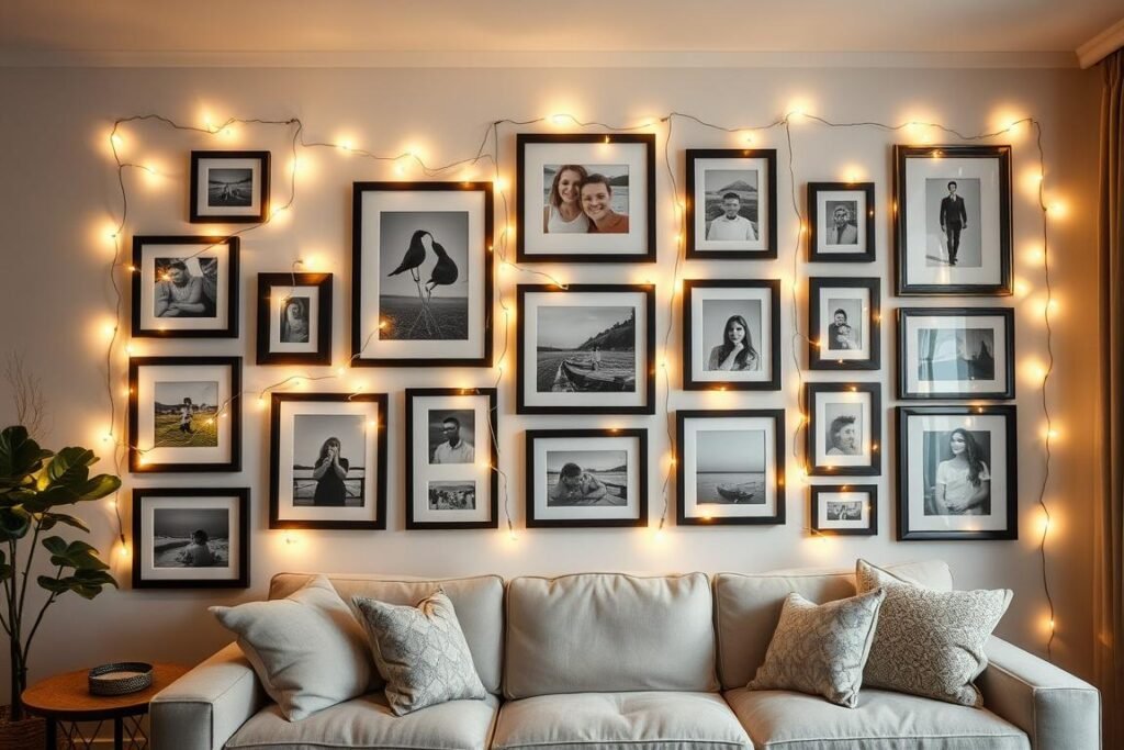 Living room gallery wall enhanced with string lights woven between framed photos and artwork