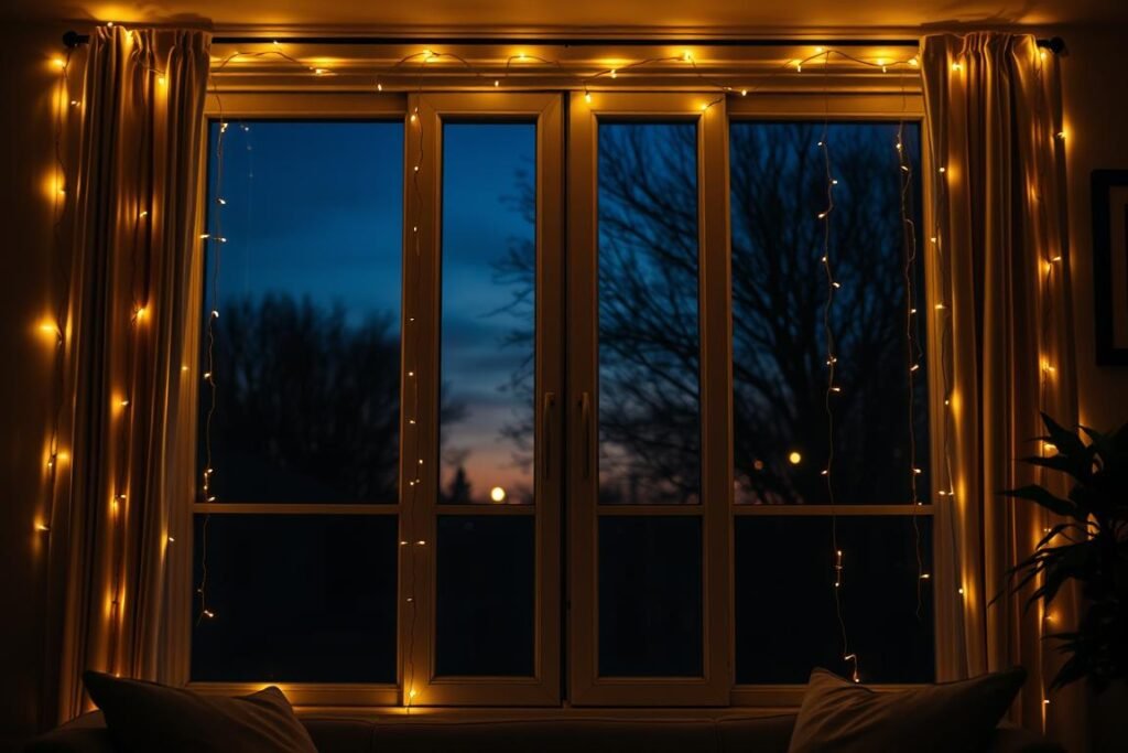 Living room window framed with warm white fairy lights, creating a cozy glow against the evening sky