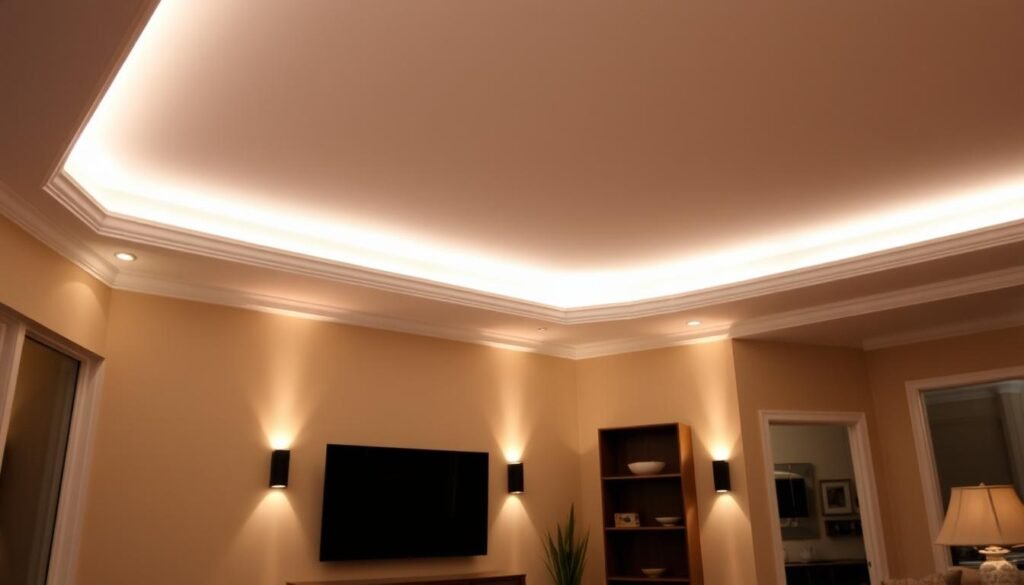 Living room with LED strip lights installed in ceiling cove creating ambient uplight