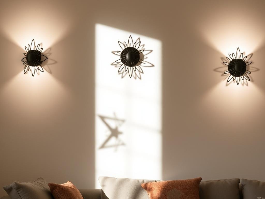 Living room with decorative wall sconces creating interesting light patterns