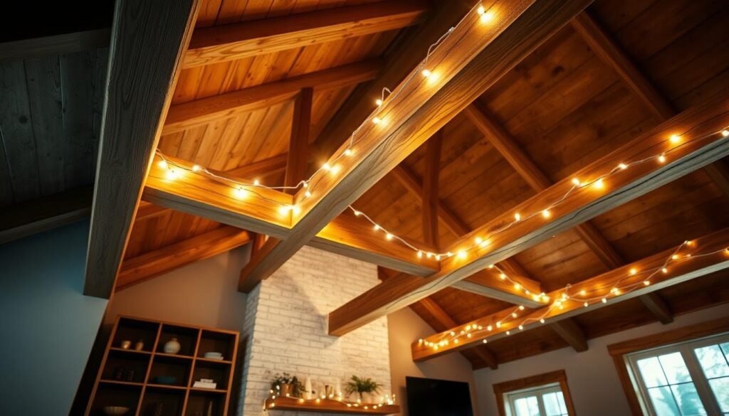 Living room with exposed wooden beams highlighted by string lights, emphasizing the architectural feature