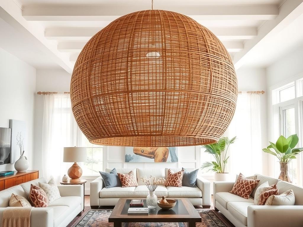 Living room with large woven pendant light over seating area