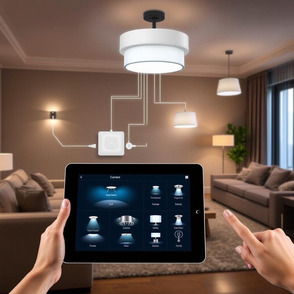 Living room with lighting hub system controlling multiple fixtures