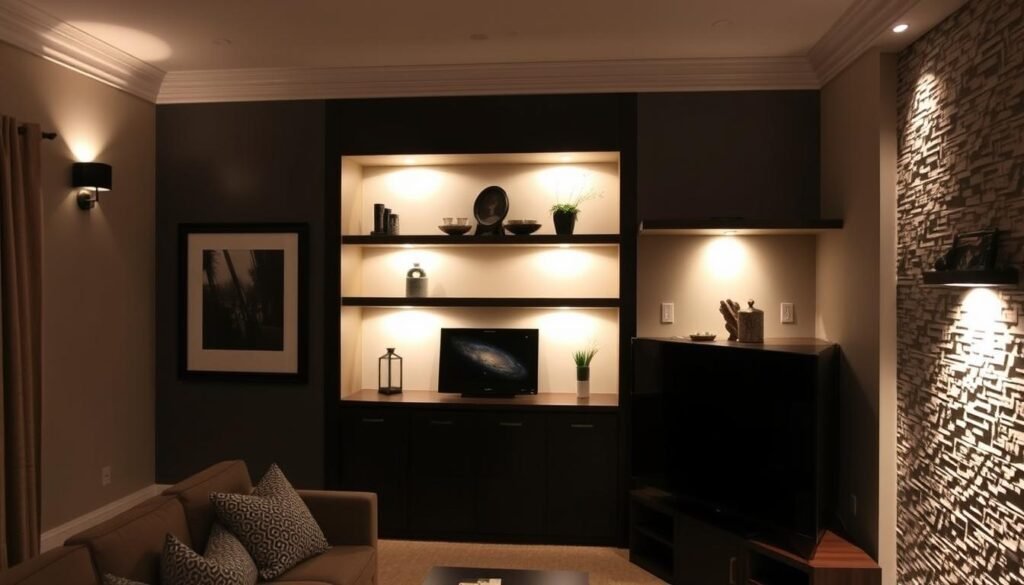 Living room with multiple accent lighting features highlighting artwork and architectural elements