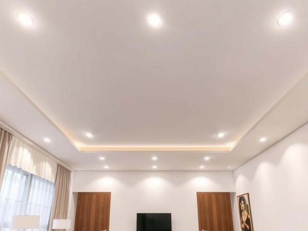 Living room with recessed ceiling lights providing even ambient lighting