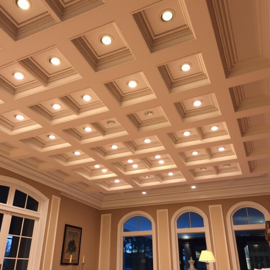 Living room with recessed lighting in coffered ceiling