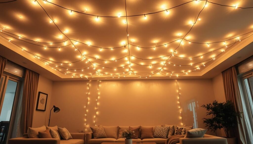 Living room with string lights creating a canopy effect across the ceiling, casting a warm glow over a comfortable seating area