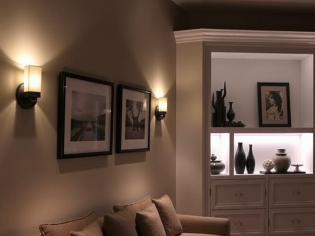 Living room with wall sconces highlighting artwork and LED strip lighting on shelving