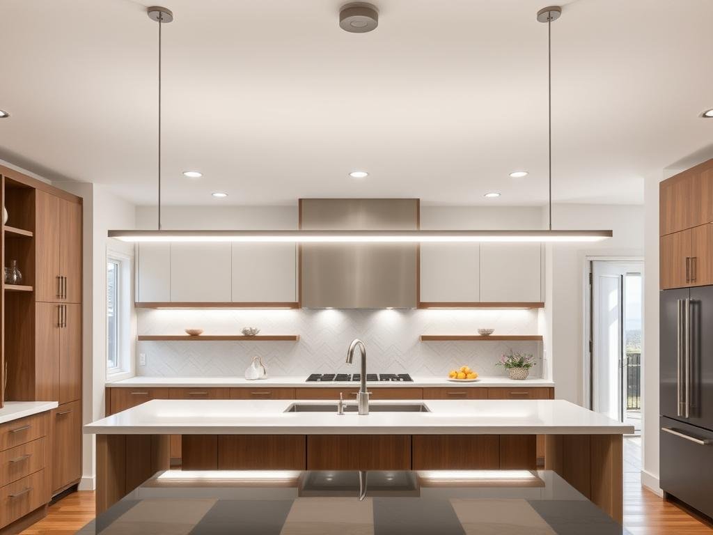Long linear pendant light spanning the length of a kitchen island