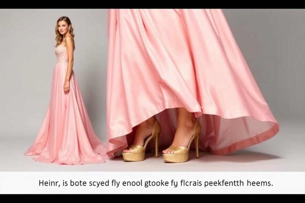 Long prom dress paired with platform heels that peek out from under the hem