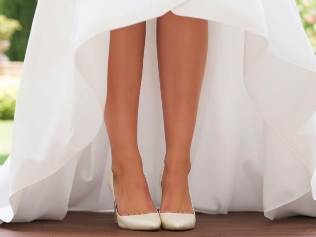 Low heel bridal shoes peeking out from under an A-line wedding dress