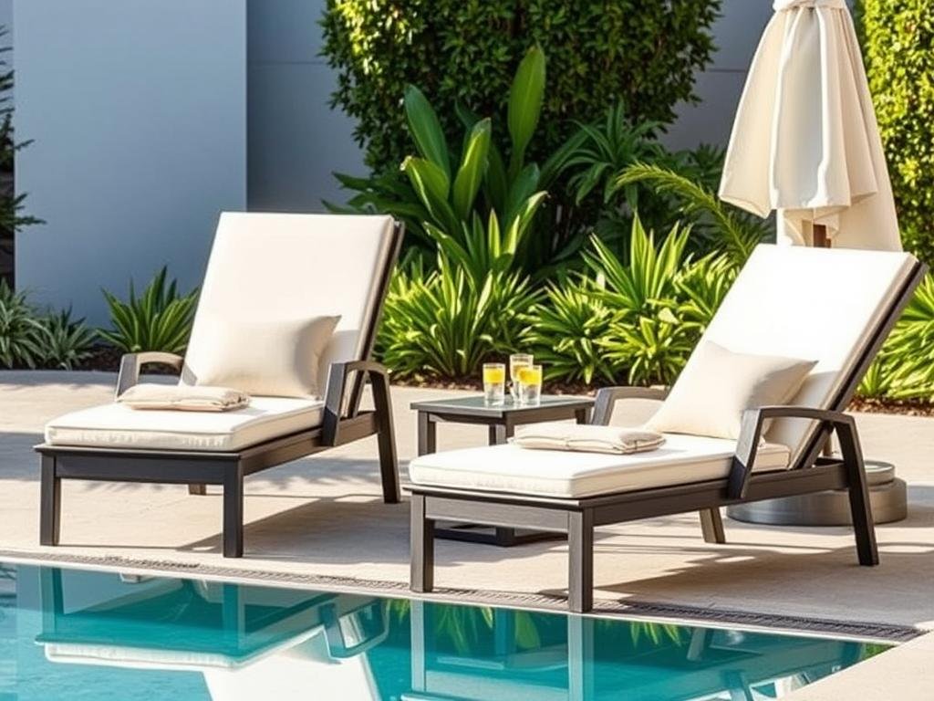 Luxurious outdoor chaise lounges beside a pool with side tables and umbrellas