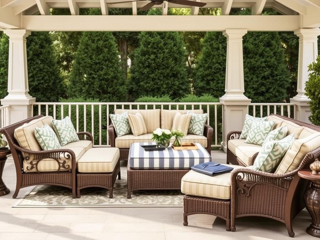 Luxurious outdoor furniture with all-weather fabric cushions in a covered patio setting
