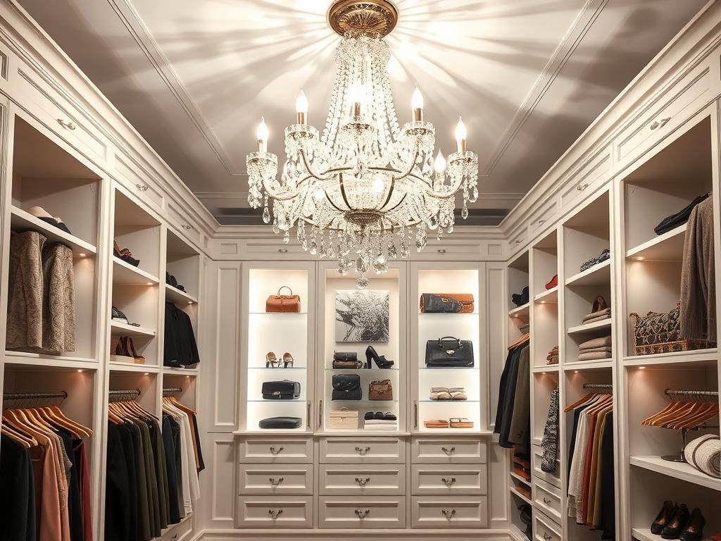 Luxurious walk-in closet with crystal chandelier as statement lighting piece