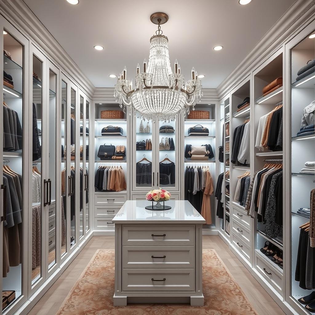 Luxury boutique-style closet with chandelier and LED shelf lighting