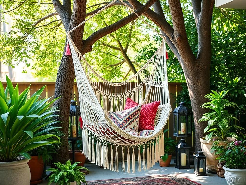 Macramé hammock with colorful pillows on a boho outdoor patio