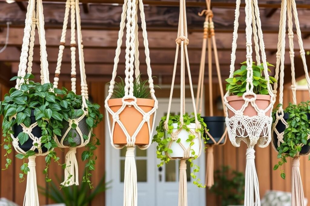 Macramé plant hangers with trailing plants on a boho patio