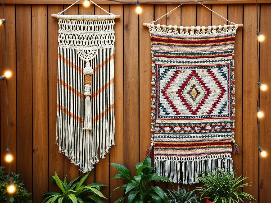 Macramé wall hanging and tapestry on an outdoor boho patio wall