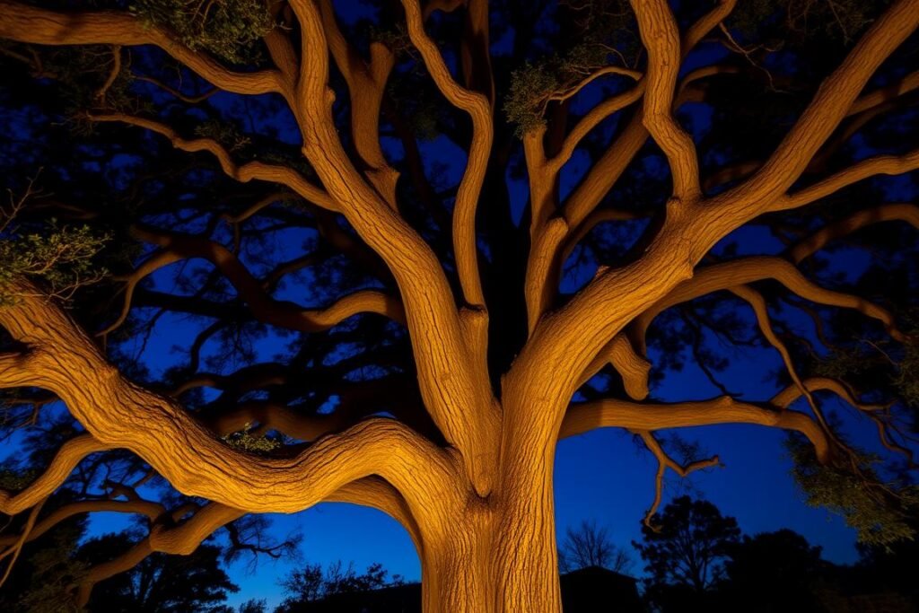 Majestic oak tree illuminated with upward-facing spotlights creating dramatic shadows